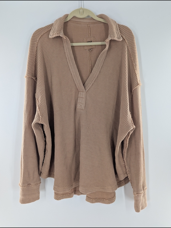 aerie Sweaters - Aerie Waffle Knit Oversized Henley Sweater Tan Taupe Raw Hem Large Loungewear